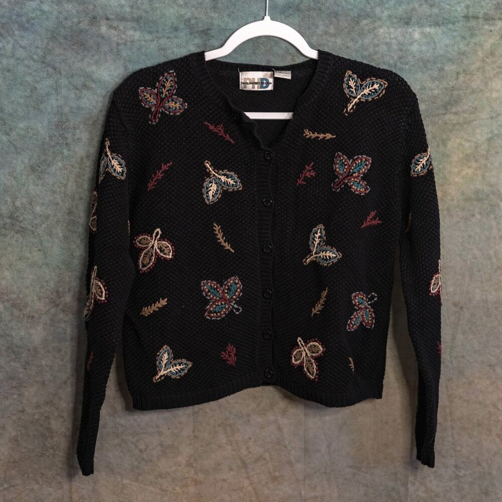 SALE Paul Harris Designs 90s Black Embroidered Knit Crop Cardigan Sweater Small
